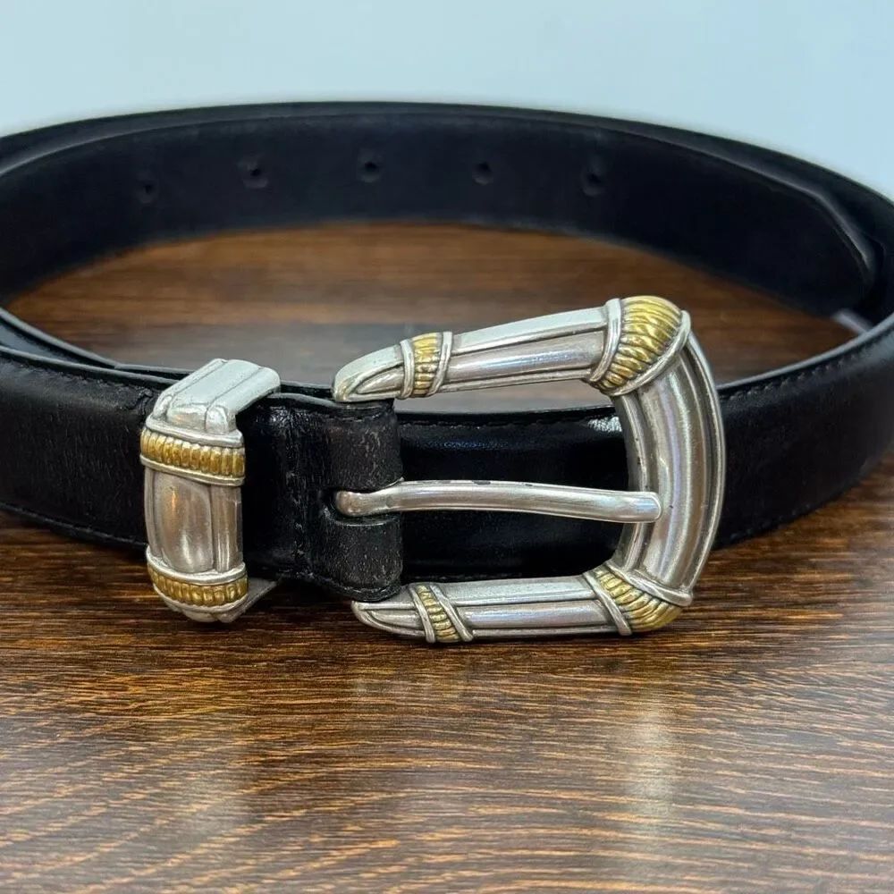 Vintage Fossil women’s black leather silver gold belt size 29”– 33“ 1” width